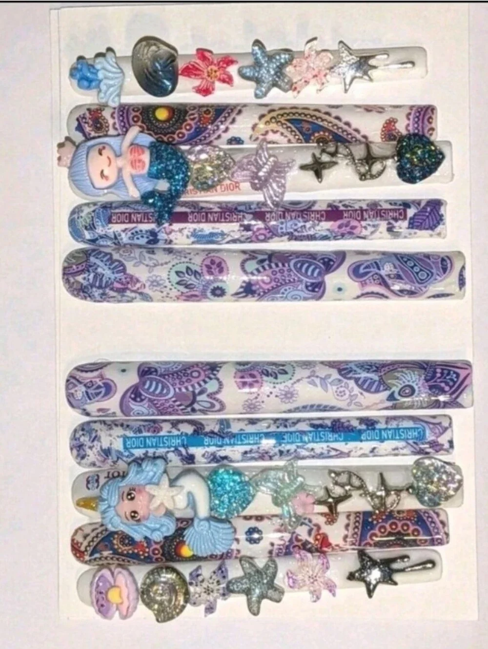 Hand CRAFTED Ladies Mermaid Press On  Nail  Set - Purple & Blue Paisley Sz Large